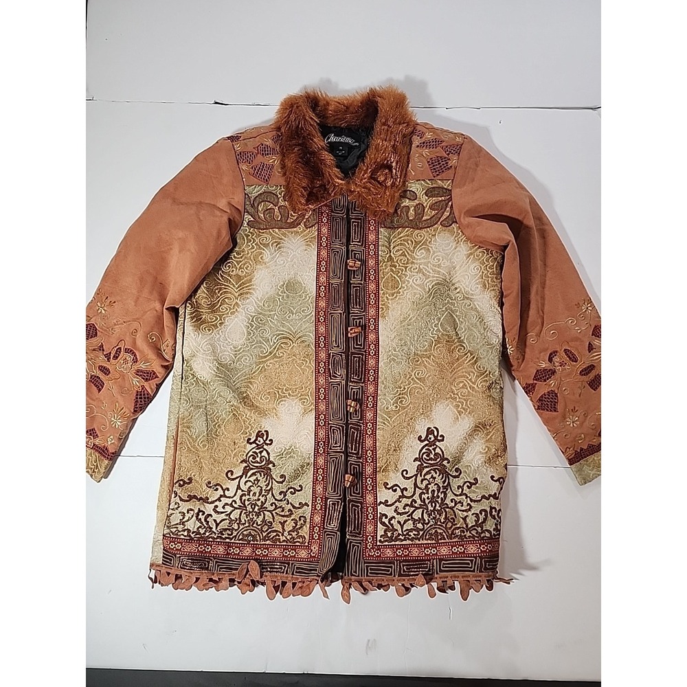 Charisma Women's Medium Vintage Tapestry Coat Faux Suede‎ Fur Collar Brown Boho